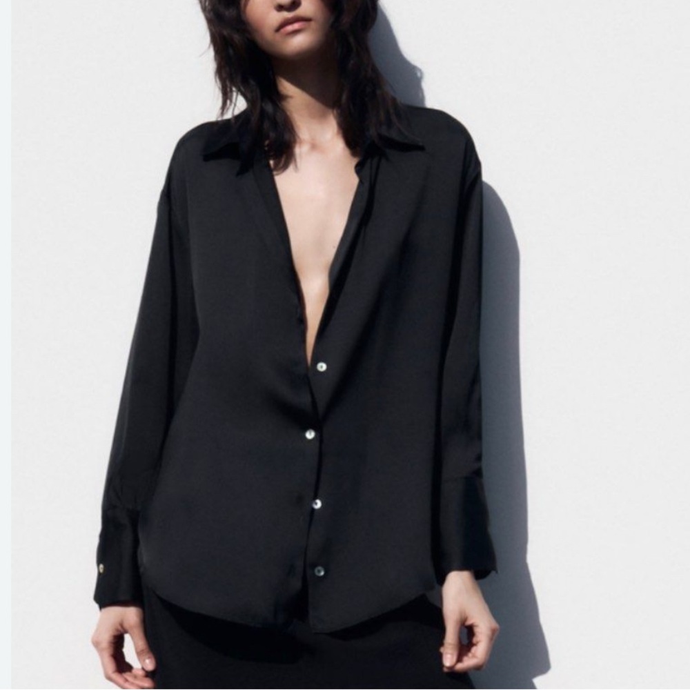 Zara Black Satin Button Down Shirt